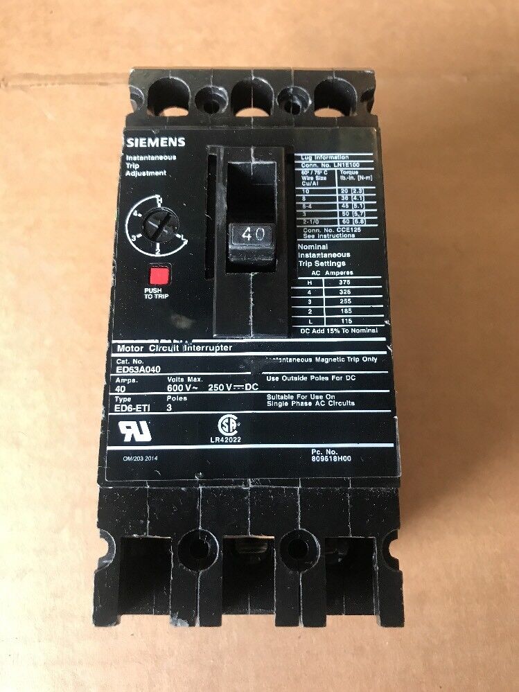 ED63A040 Siemens Circuit Breaker 40 Amps 600 Volts 3 Pole