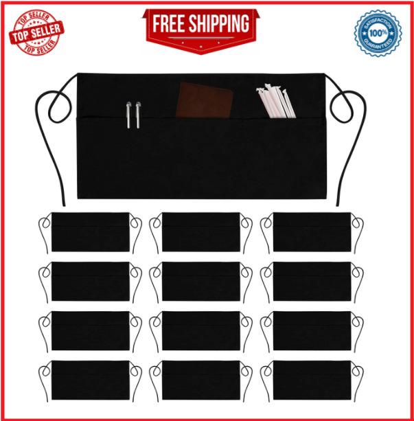 12 Pack Server Aprons with 3 Pockets - Waist Apron Waiter Waitress Apron Water