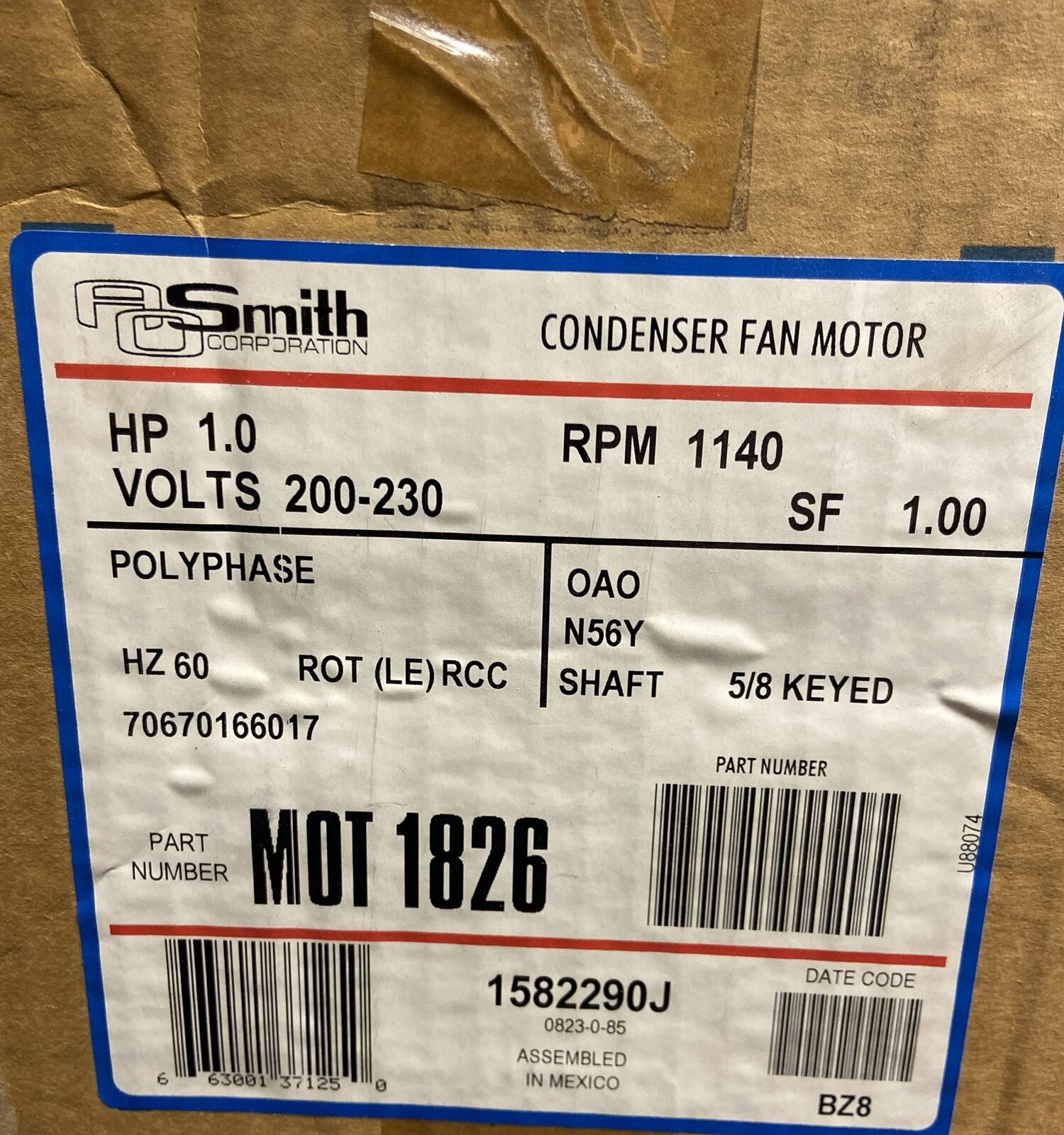 AO Smith Condenser Fan Motor,- MOT 1826- 1Hp, 200-300V, 1140Rpm, 60Hz, NIB