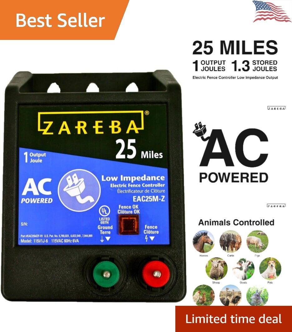 25 Mile AC Electric Fence Charger - Powerful Energizer for Livestock & Predators
