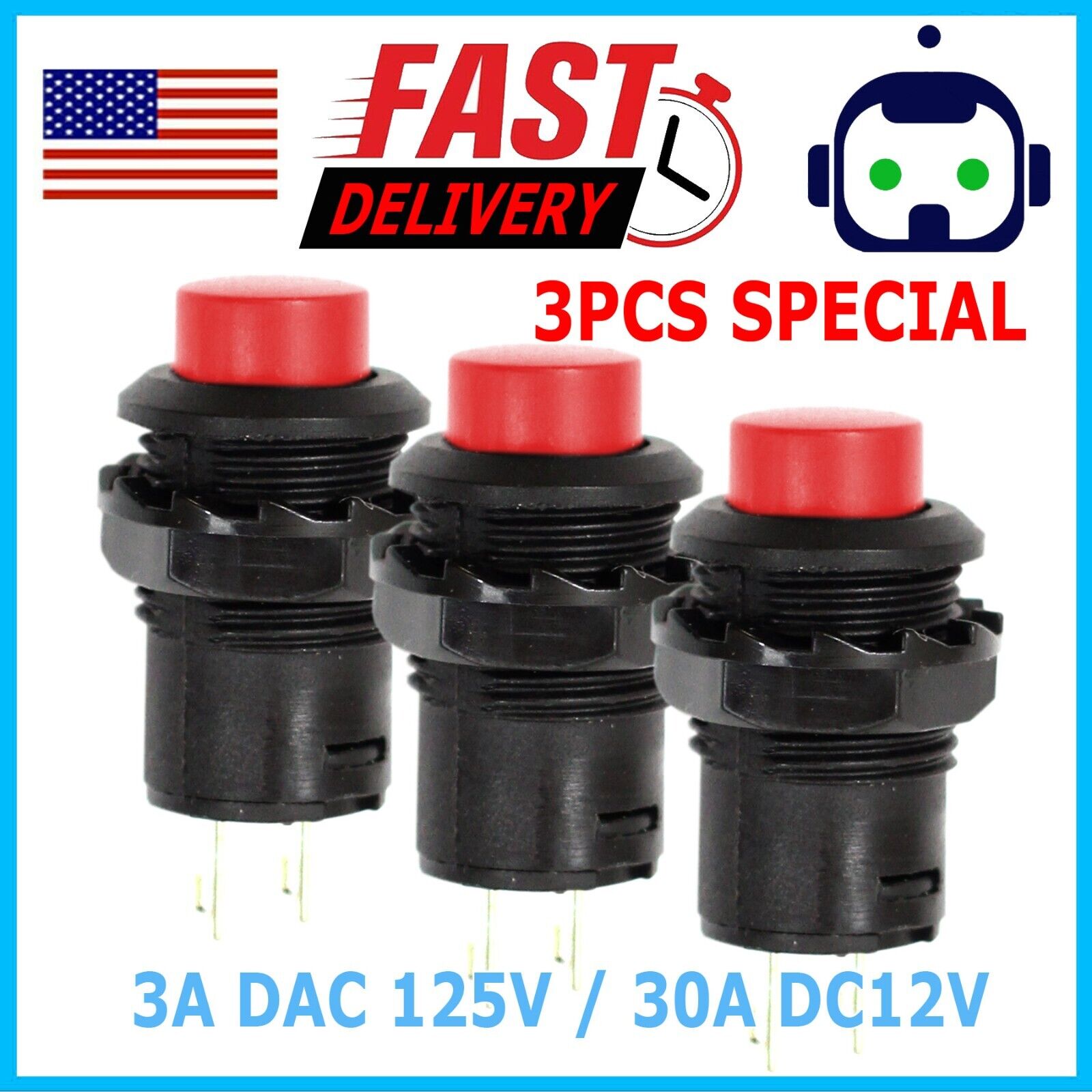 New 3 Pack SPST Normally On/Off Open Momentary Push Button Switch Red