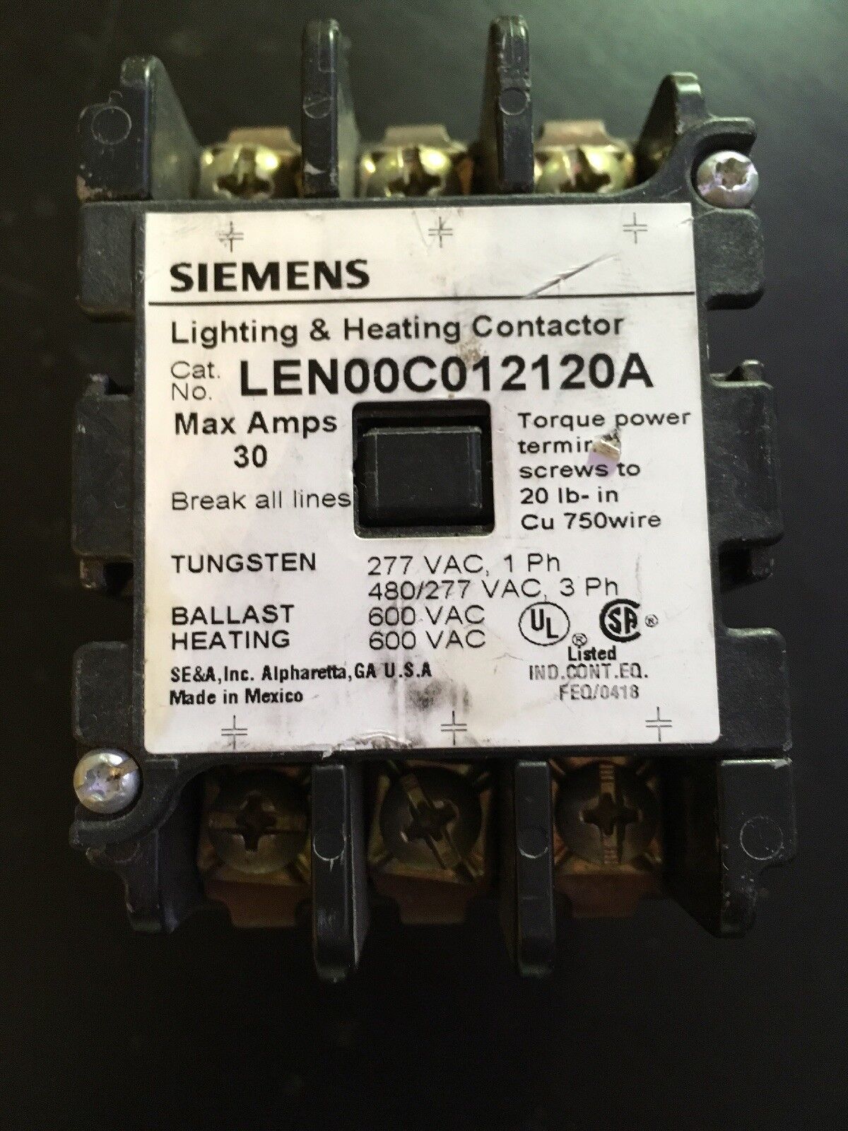 Siemens LEN00C012120A  600V 3 Pole Lighting&Heating Contractor 