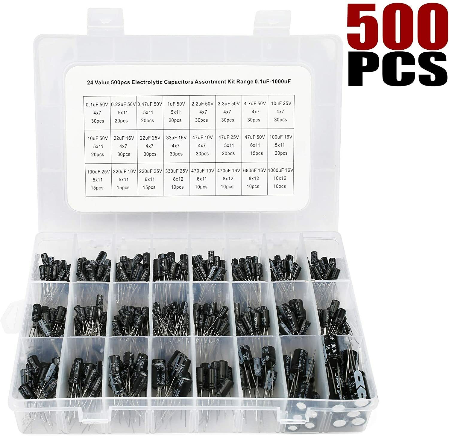 24 Value 500pcs Electrolytic Capacitor Assortment Box Kit Range 0.1uF－1000uF