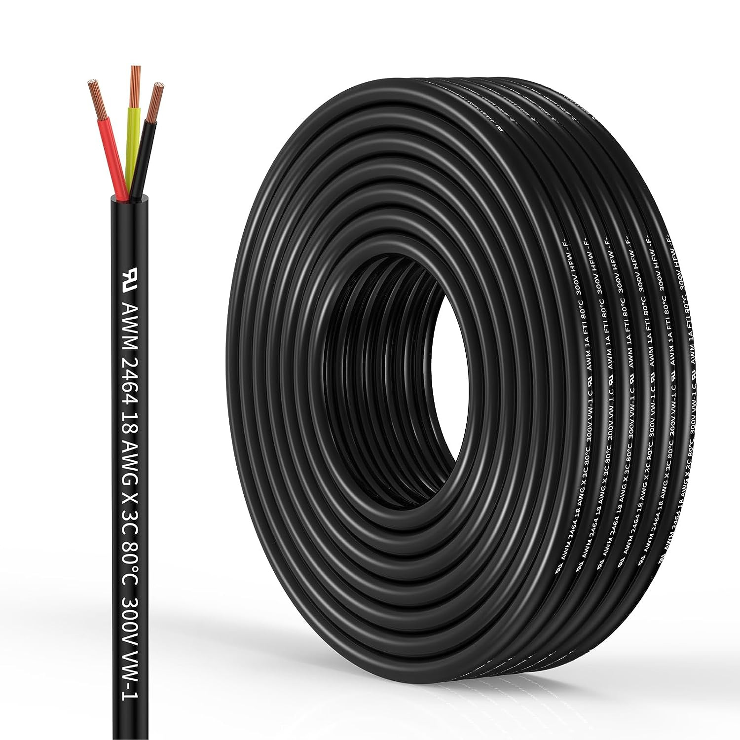 18 Gauge 3 Conductor Electrical Wire Oxygen-Free Copper Cable 25FT/7.7M Flexible