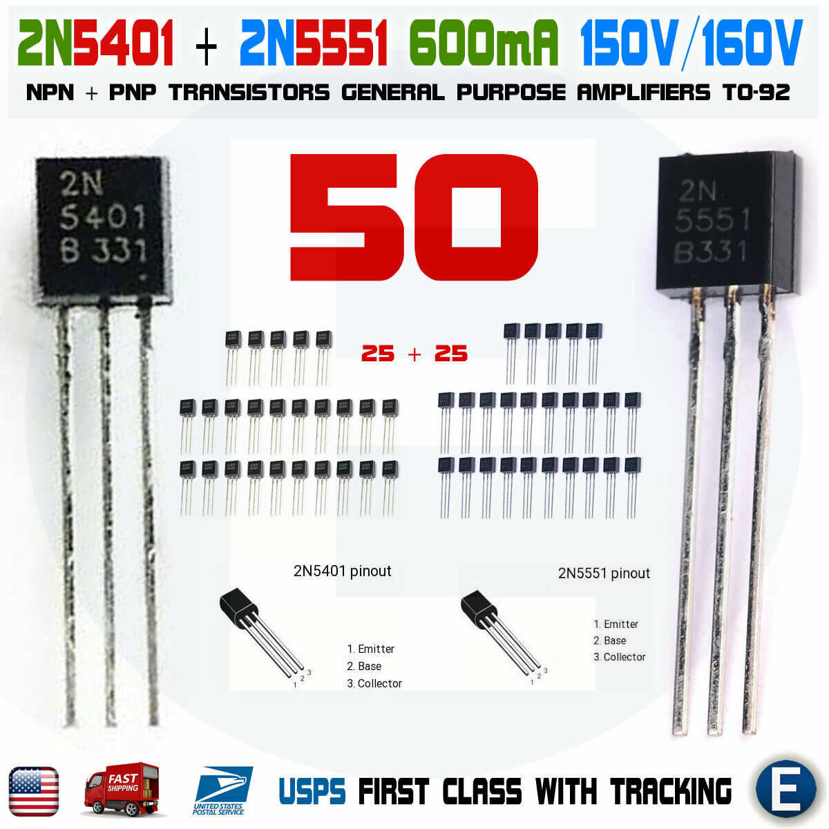 50pcs 25 x 2N5401 25 x 2N5551 Pairs Transistors NPN PNP TO-92 USA Seller