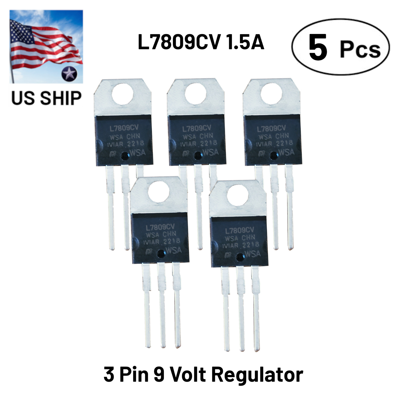 5PCS  L7809CV | 3 Pin Positive Voltage Regulator | 9V 1.5A TO-220 | US Ship