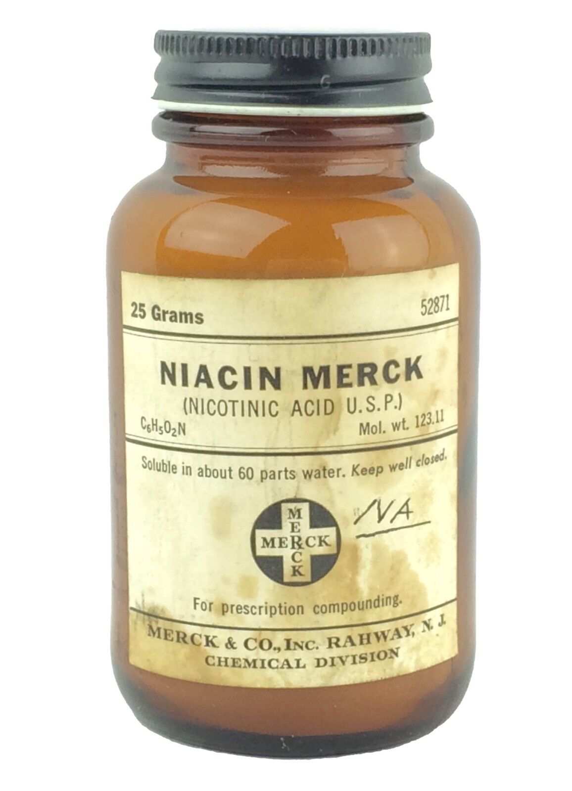 Vintage Brown 25 Gram Glass Jar Niacin Merck Nicotinic Acid 1/2 Full 1950\'s