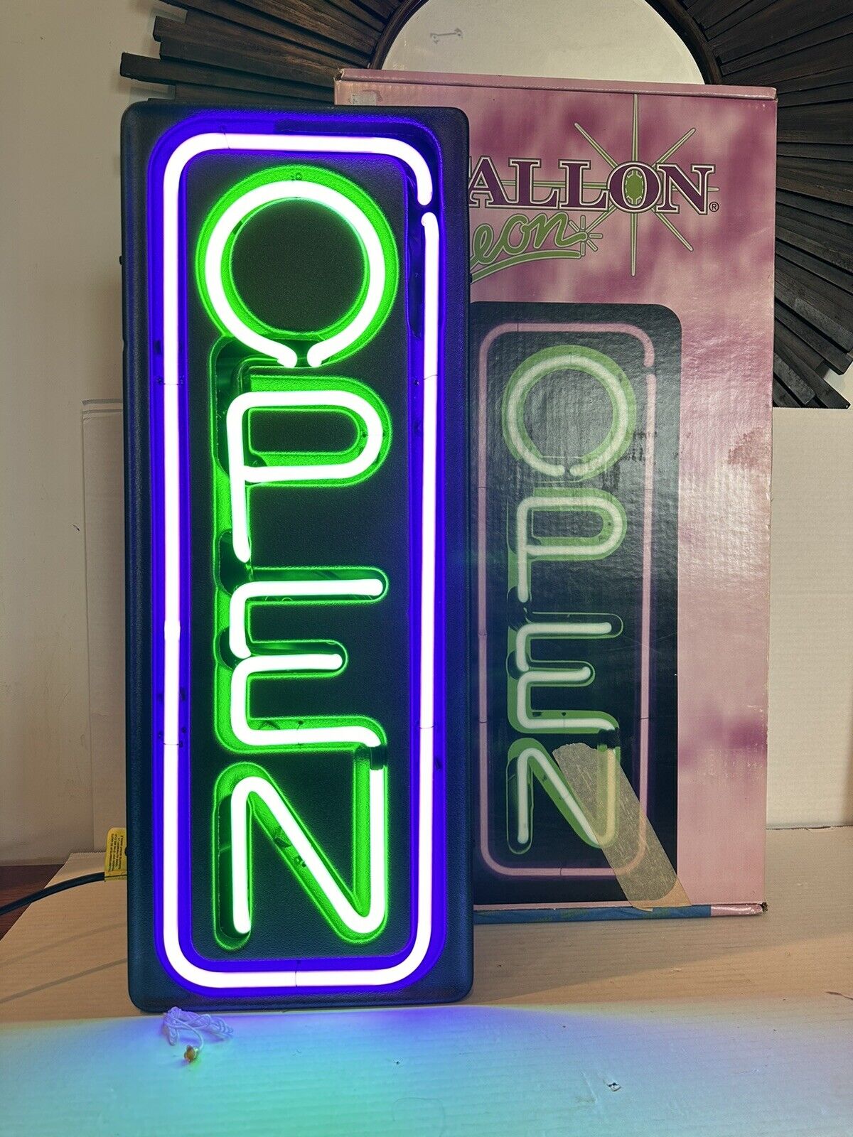 Vintage Fallon Vertical Neon Sign Open Thank You Come Again Purple Green W/Box