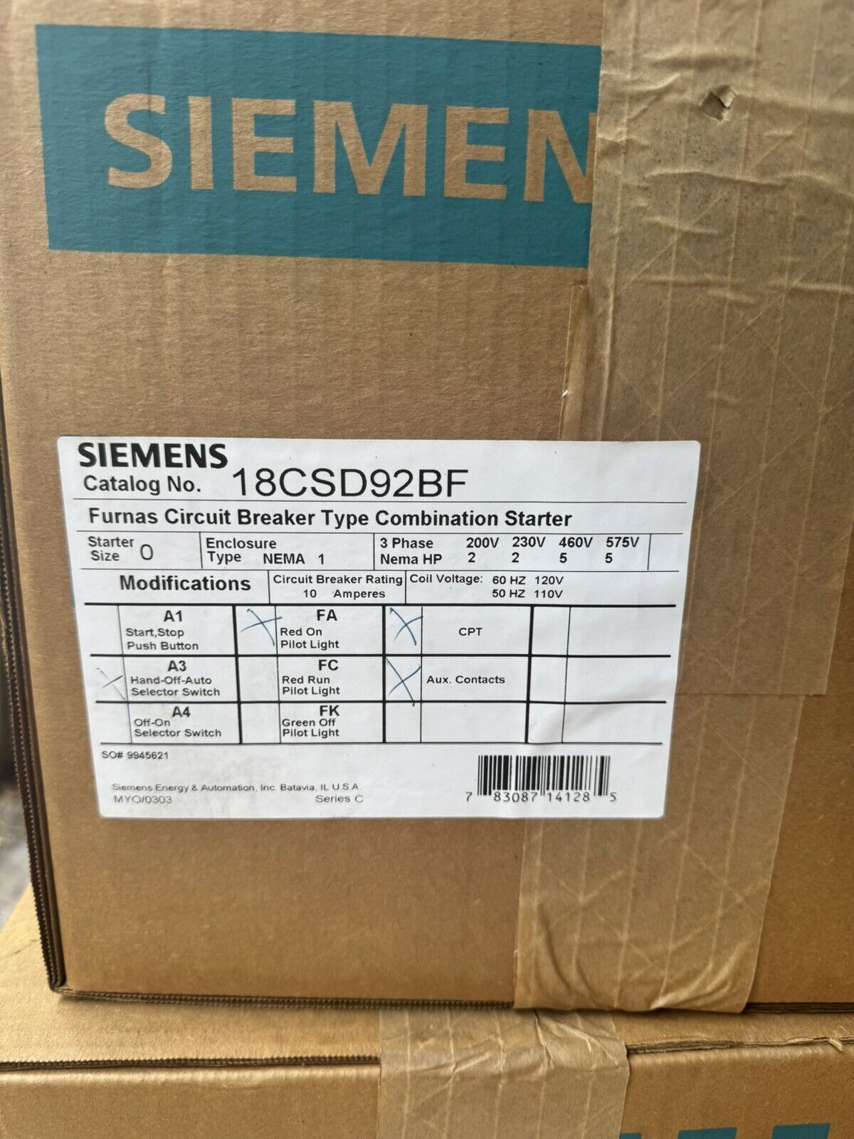 SIEMENS - Circuit Breaker Type Combination Starter - 18CSD92BF NEW IN BOX