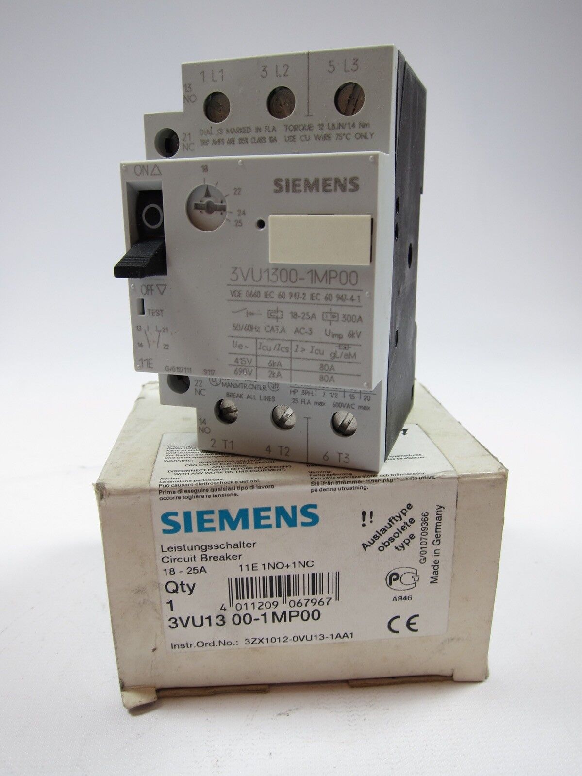 New Siemens 3VU13-00-1MP00 Circuit Breaker 11E 1NO+1NC 18-25A