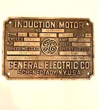 Vintage General Electric Induction Motor ID Name Plate Thick Brass Advertising picture