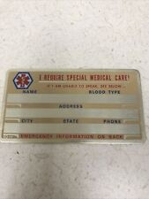 New Vintage METAL Special Medical Care  Emergency Card USA picture