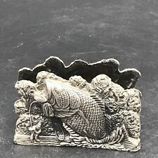 Large Mouth Bass & Fisherman Pewter Business Card Holder Vintage picture