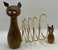 Vintage Wood & Brass Kitty Cats Letter Holder/Organizer,MCM Desktop,Leather Ears picture
