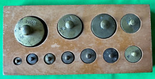 Vintage Set of Brass Calibration Weights in Homemade Wood Holder picture