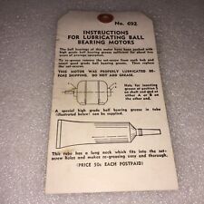 VINTAGE INSTRUCTIONS FOR LUBRICATING BALL BEARING MOTORS CARD picture