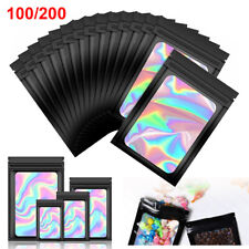 100/200 Smell Proof Mylar Bags Holographic Resealable Ziplock Foil Pouches Black picture