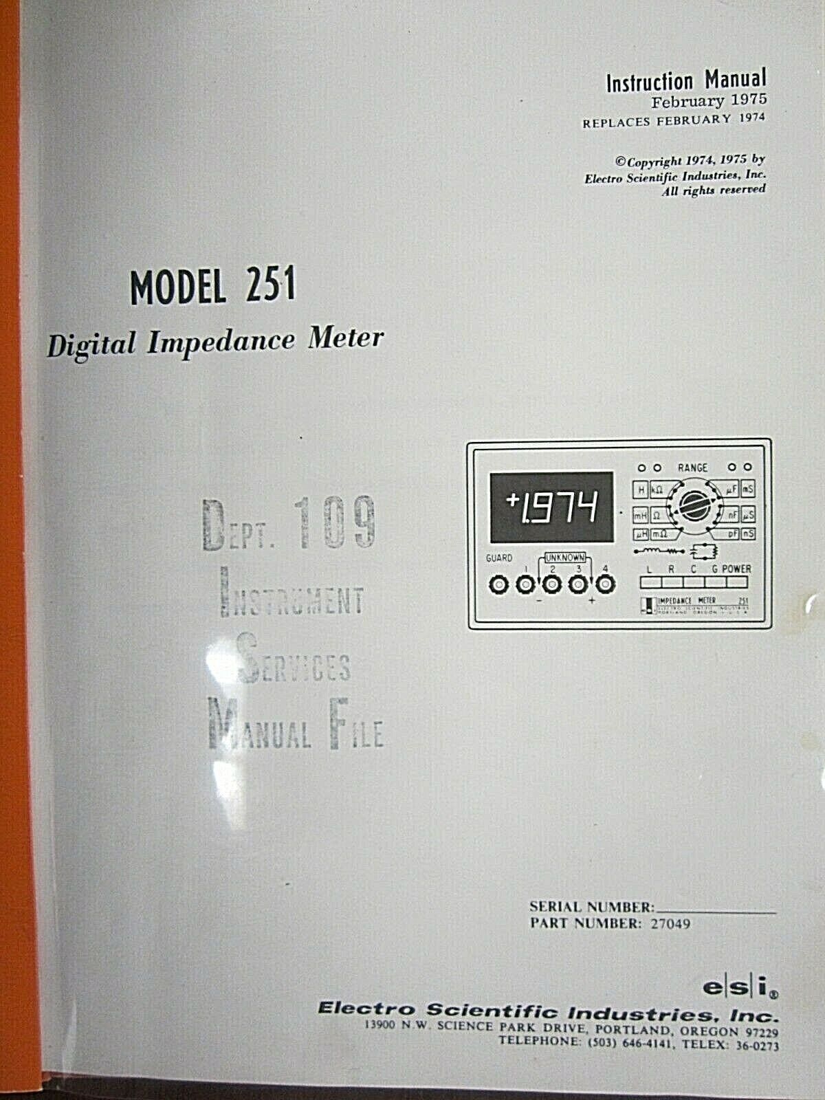 ESI Model 251 Digital Impedance Meter Instruction Manual February 1975