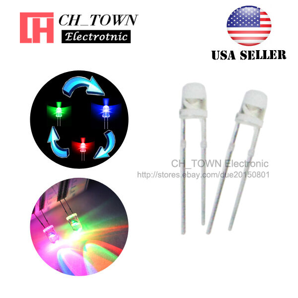 100pcs 3mm Transparent Slow Rainbow Flash Water Clear RGB flashing LED Diodes