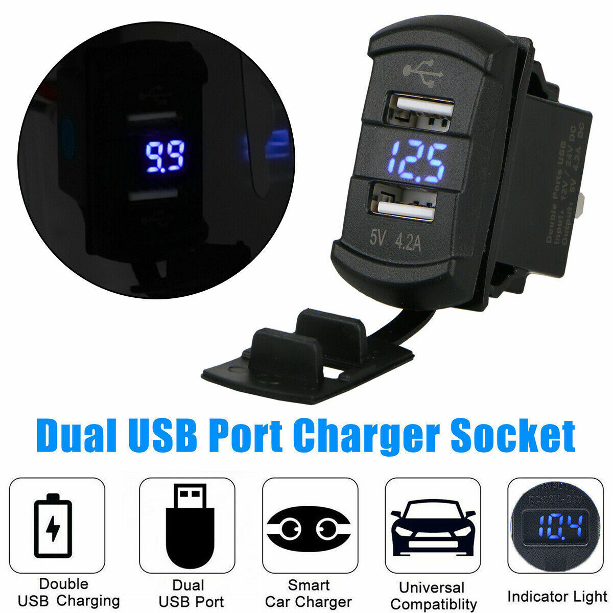 12V-24V Dual USB Charger LED Digital Display Voltage Amp Gauge Ammeter Voltmeter