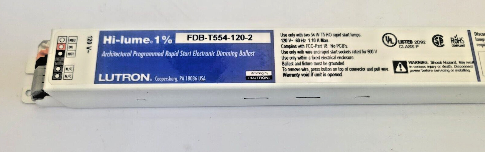 LUTRON FDB-T554-120-2  Dimming Ballast, 2-lamp F54T5 120V