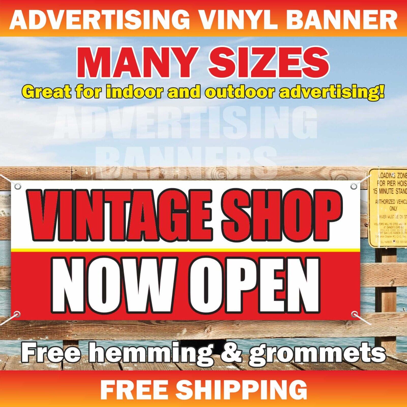 VINTAGE SHOP NOW OPEN Advertising Banner Vinyl Sign ANTIQUE SHOP Collectible