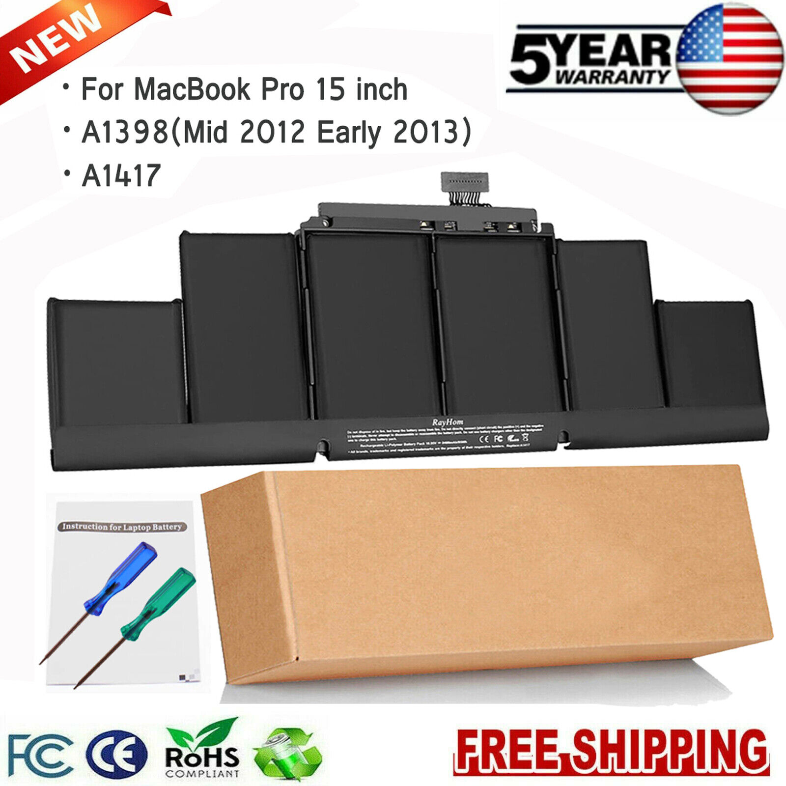 A1417 OEM Battery for Apple Macbook Pro 15 Retina A1398 Mid 2012 Early 2013 US