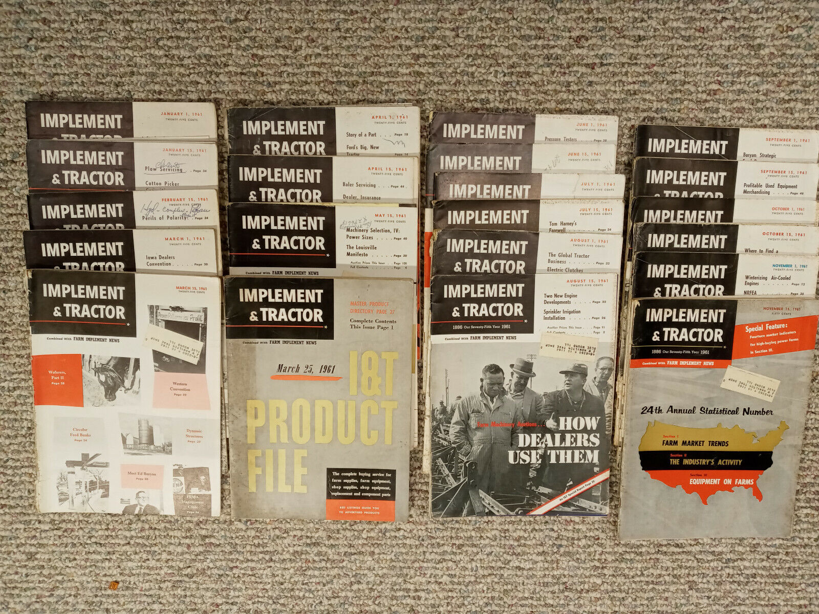 Vintage lot of 1961  IMPLEMENT and TRACTOR Magazines. Jan 61 to Dec 61. 21 total
