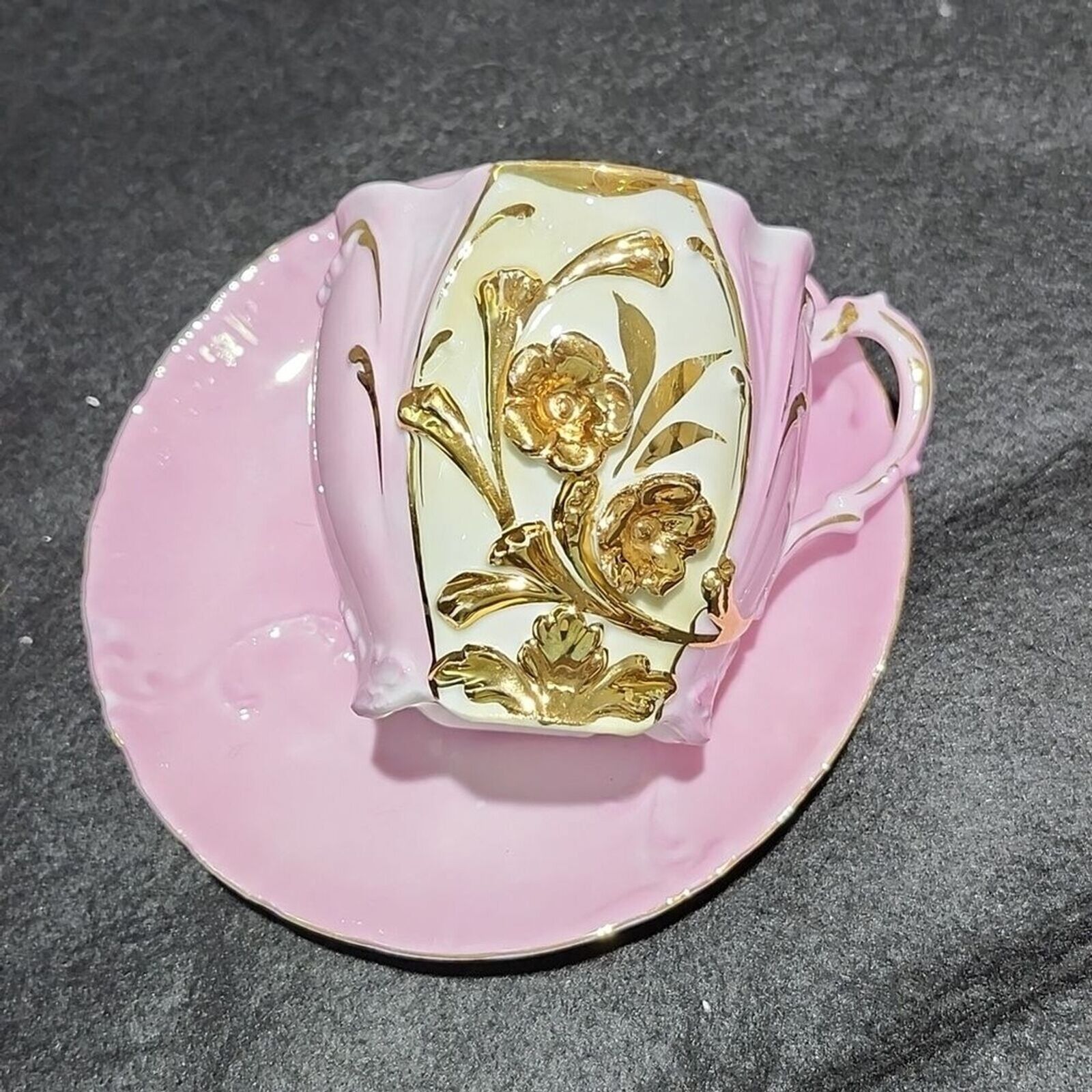 RARE vintage antique gold gilded pink teacup and saucer numbered 227 out of 799