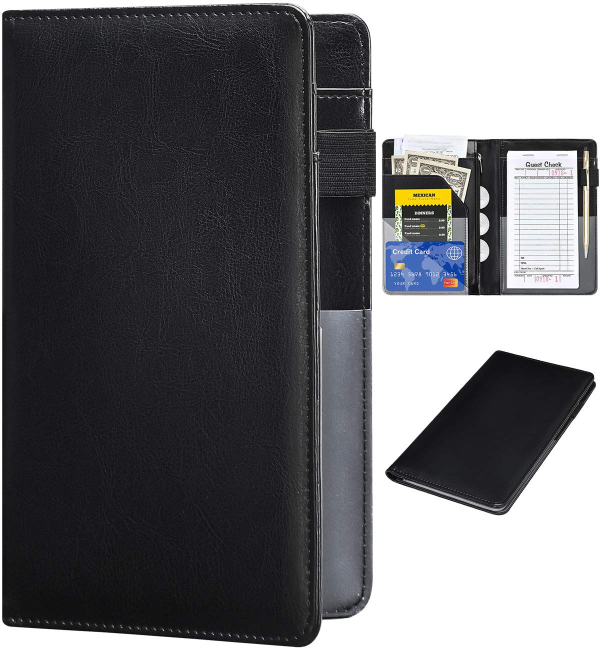 Leather Waiter Book Server Wallet - Zipper, Money Pocket, Classic Black