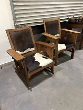Pair Of Vintage Arts & Crafts Solid Oak Chairs W/ Cowhide Upholstery picture
